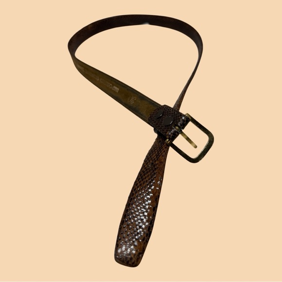 Snake Skin Brown Leather Belt 1” Wide x 34” Long Gold Tone Buckle - Picture 4 of 6